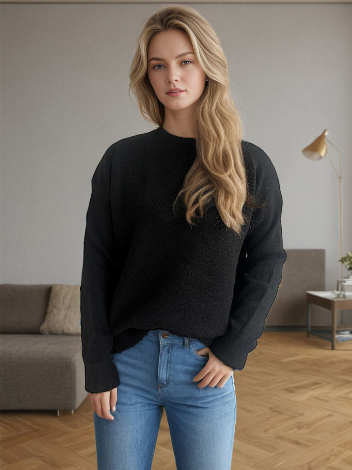 Outfit Flow - Round Neck Drop Shoulder Long Sleeve Sweater