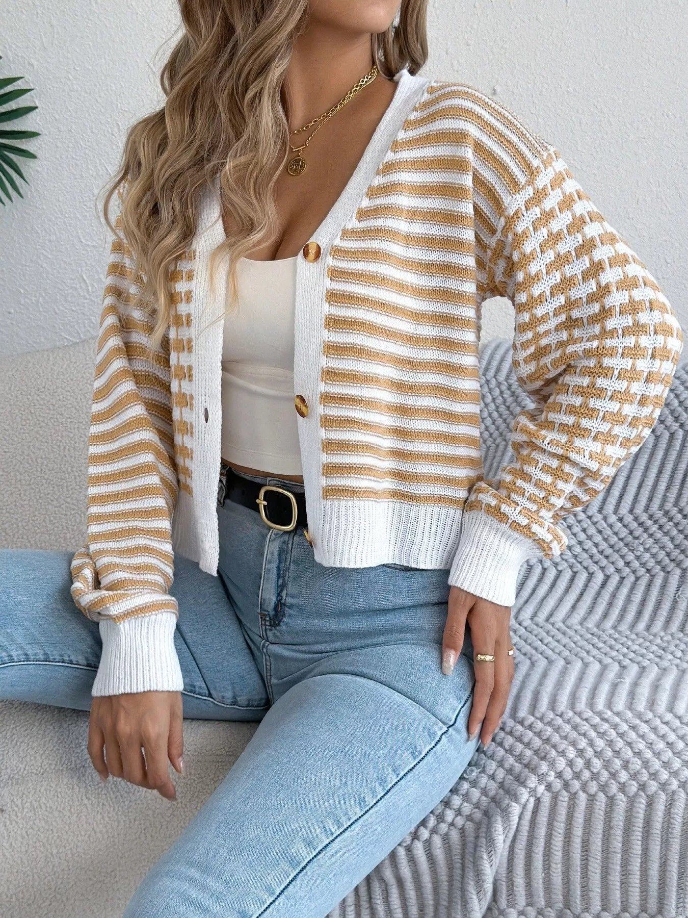 Striped Button-Up Cropped Cardigan OutfitFlow