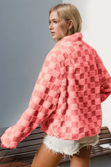 Double Take Checkered Long Sleeve Fuzzy Jacket Trendsi