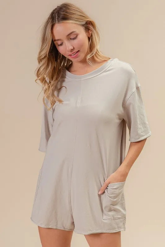BiBi Short Sleeve Back Open Washed Romper OutfitFlow