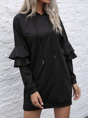 Ruffled Drawstring Long Sleeve Hooded Dress OutfitFlow