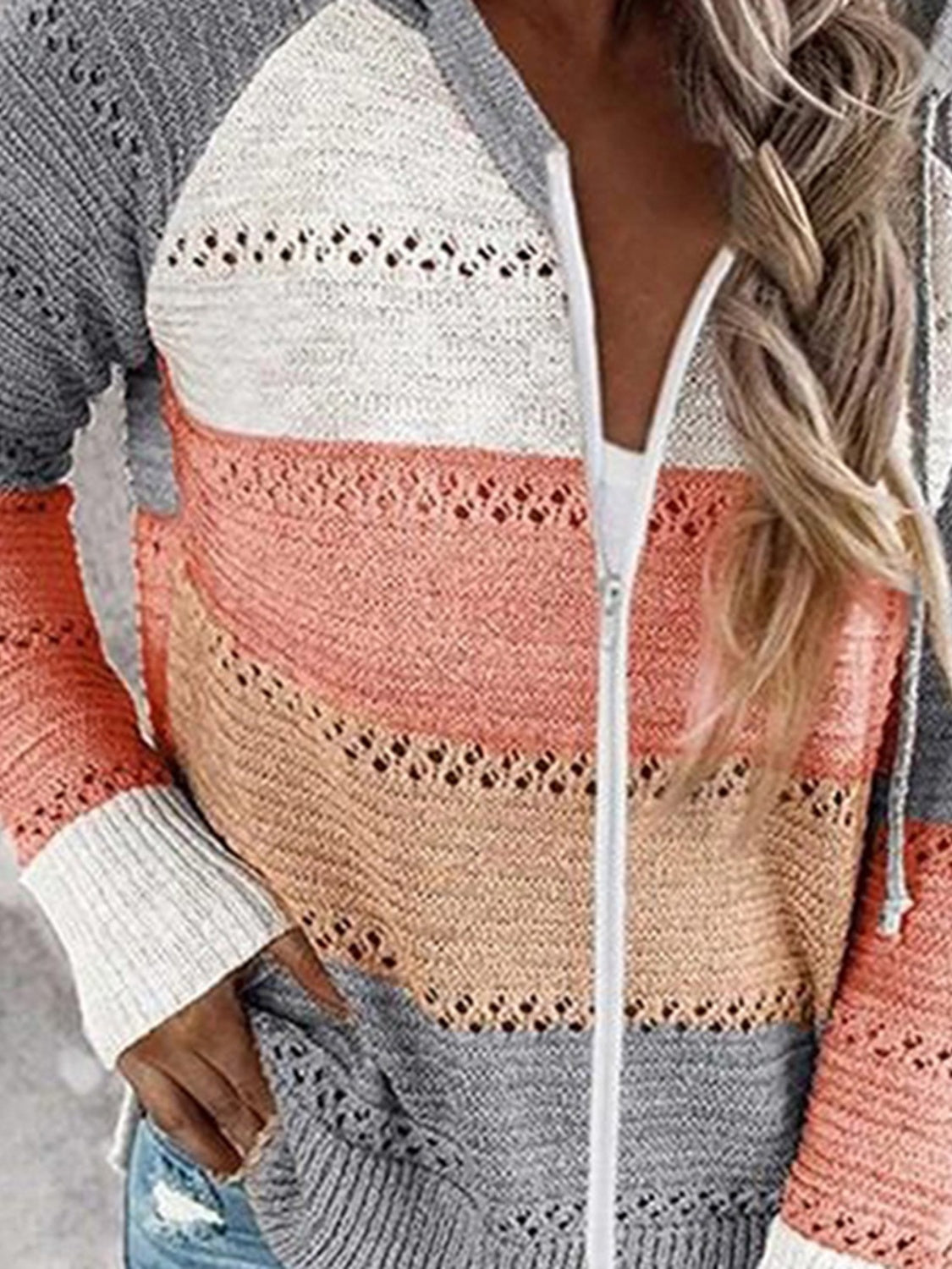 Color Block Drawstring Hooded Sweater Dark Gray OutfitFlow