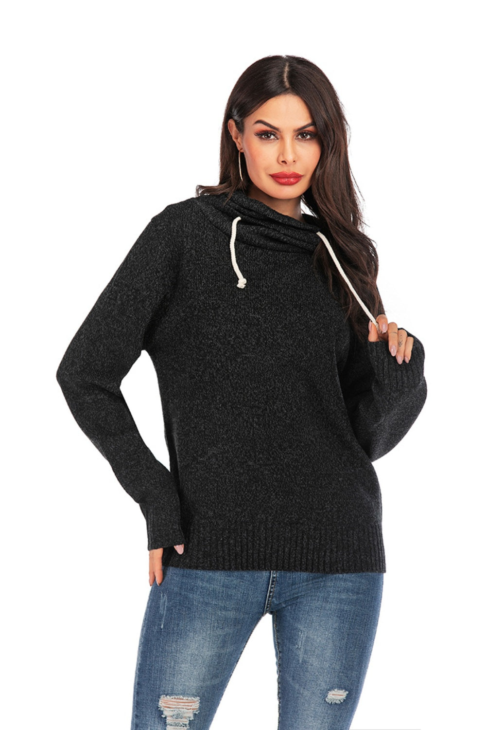 Outfit Flow - Drawstring Mock Neck Long Sleeve Sweater