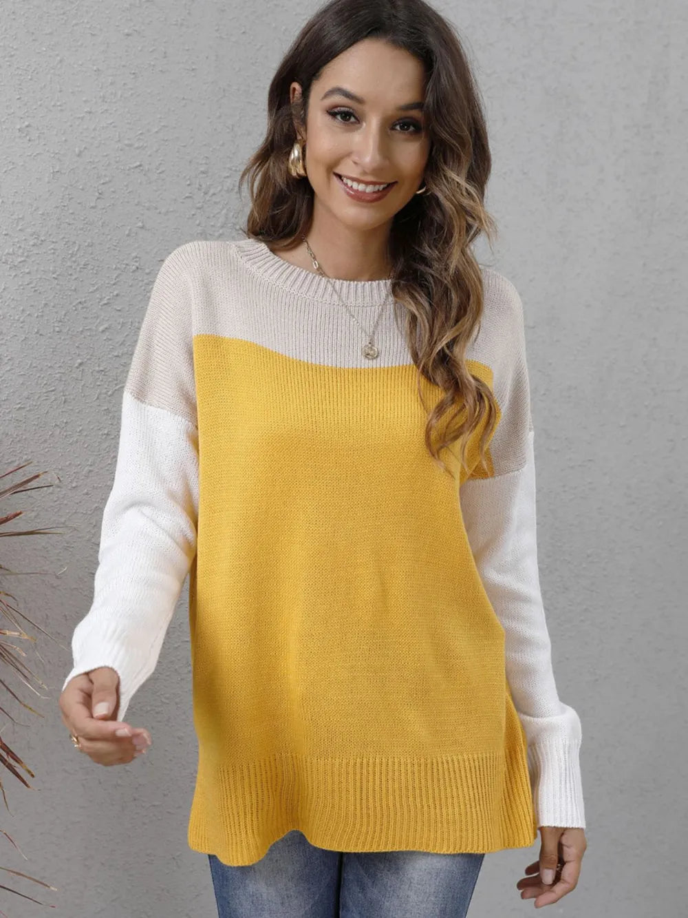 Color Block Round Neck Sweater OutfitFlow