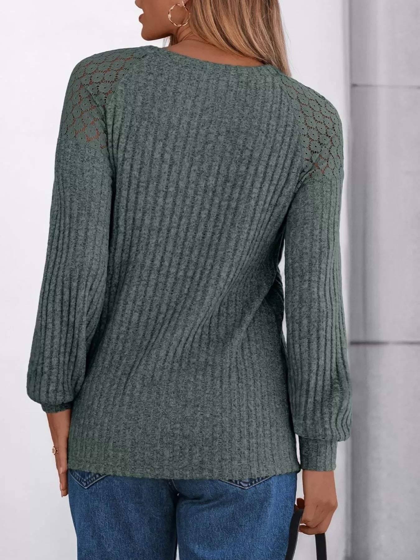 Ribbed Knit T-Shirt with Lace Shoulder Detail OutfitFlow