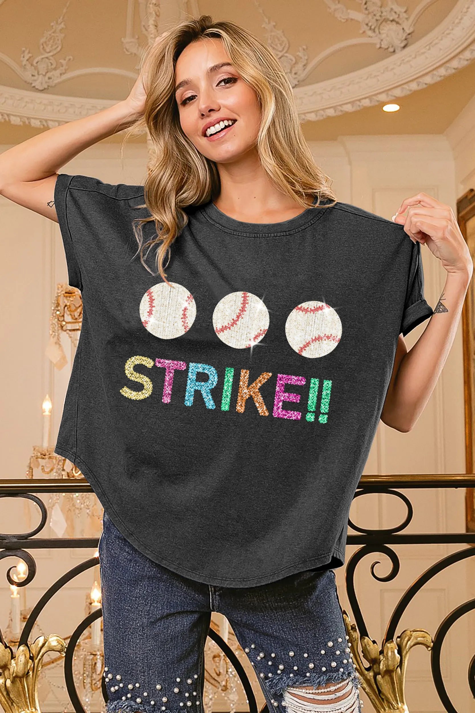 BiBi Sequin Baseballs Strike Washed Short Sleeve Top OutfitFlow