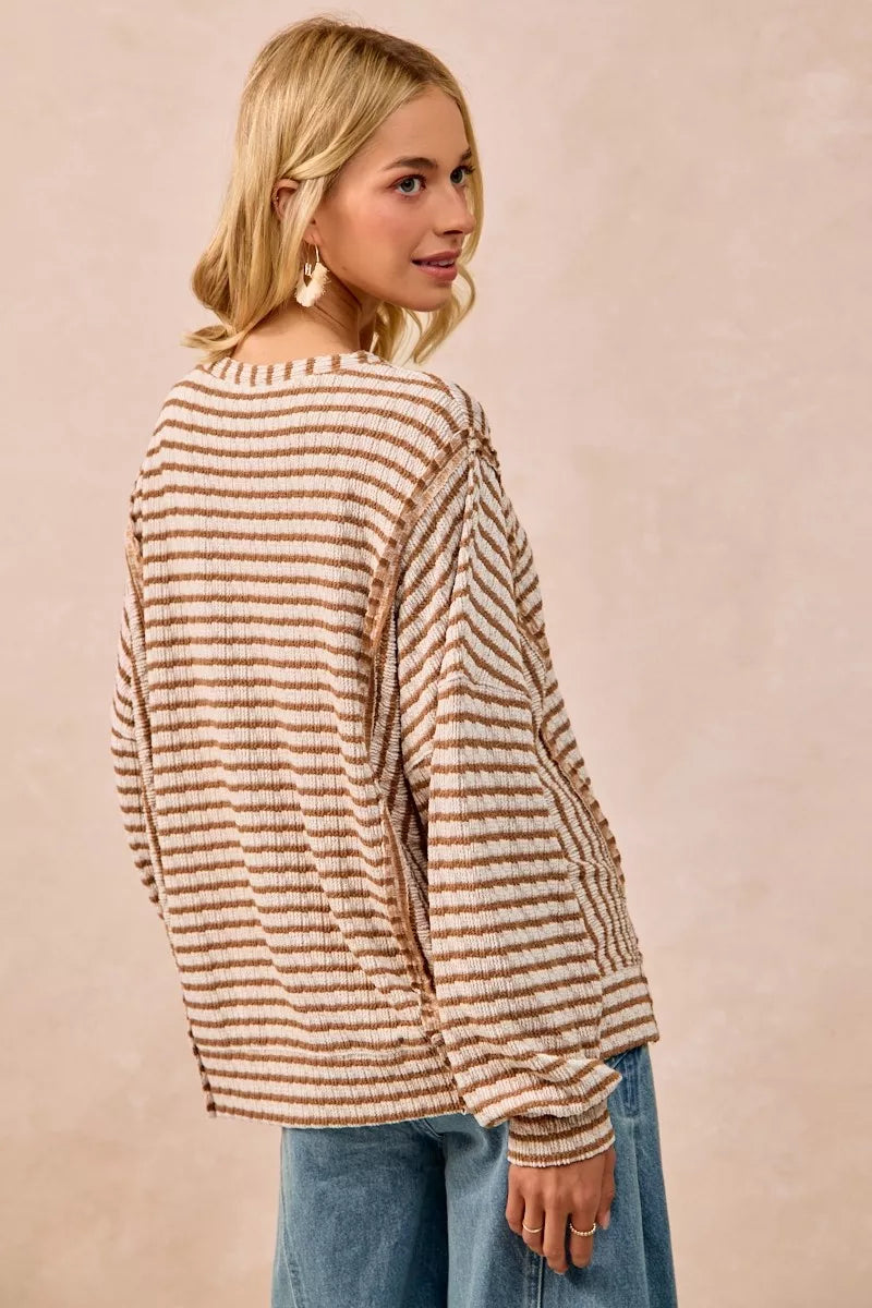 BiBi Open Seam Detail Textured Stripe Knit Top OutfitFlow
