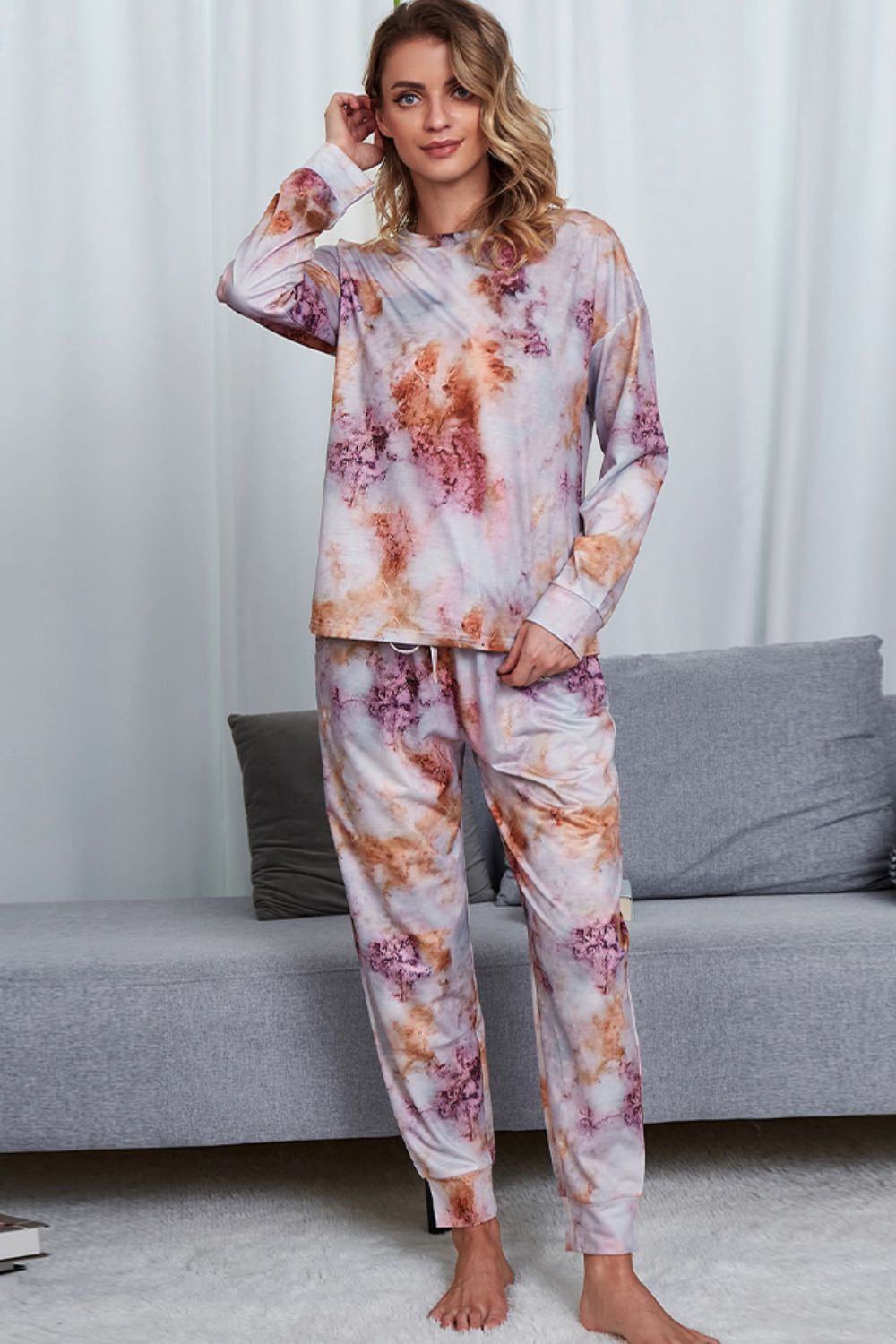 Outfit Flow - Shiny Tie-Dye Crewneck Top and Drawstring Waist Joggers Lounge Set