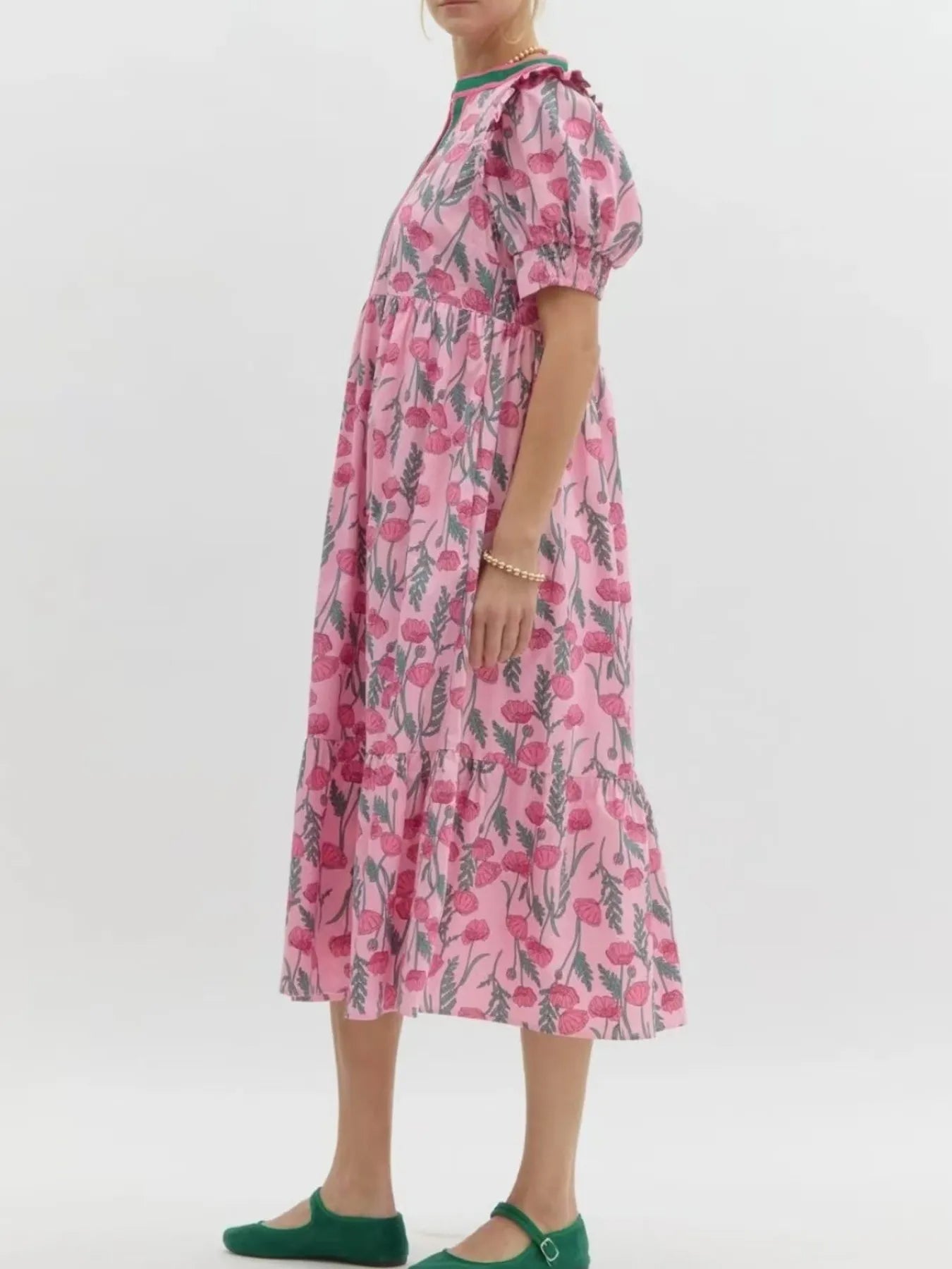 Floral Puff Sleeve Midi Dress with Contrast Trim OutfitFlow