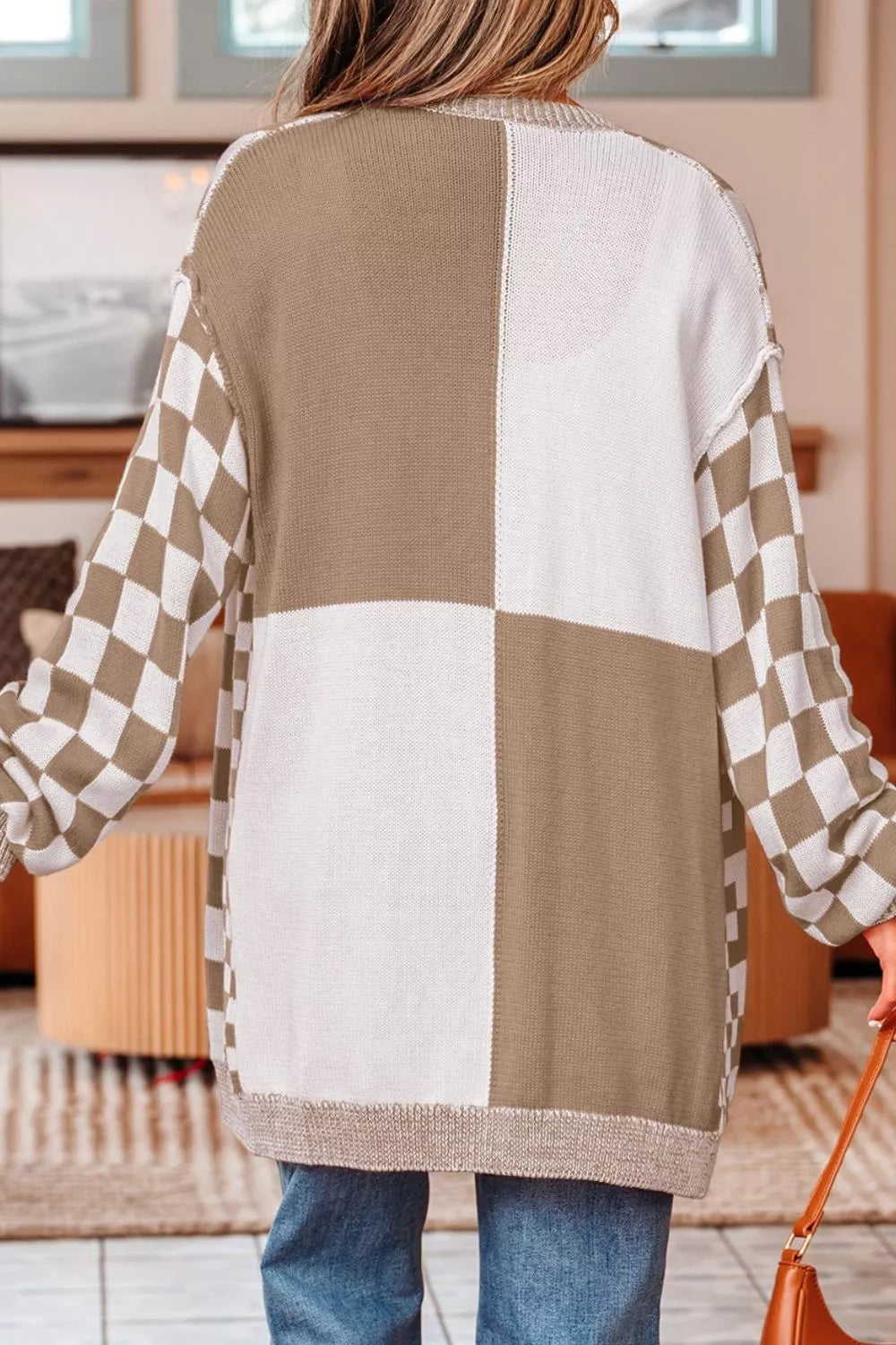 Checkerboard Print Open Front Knit Cardigan OutfitFlow