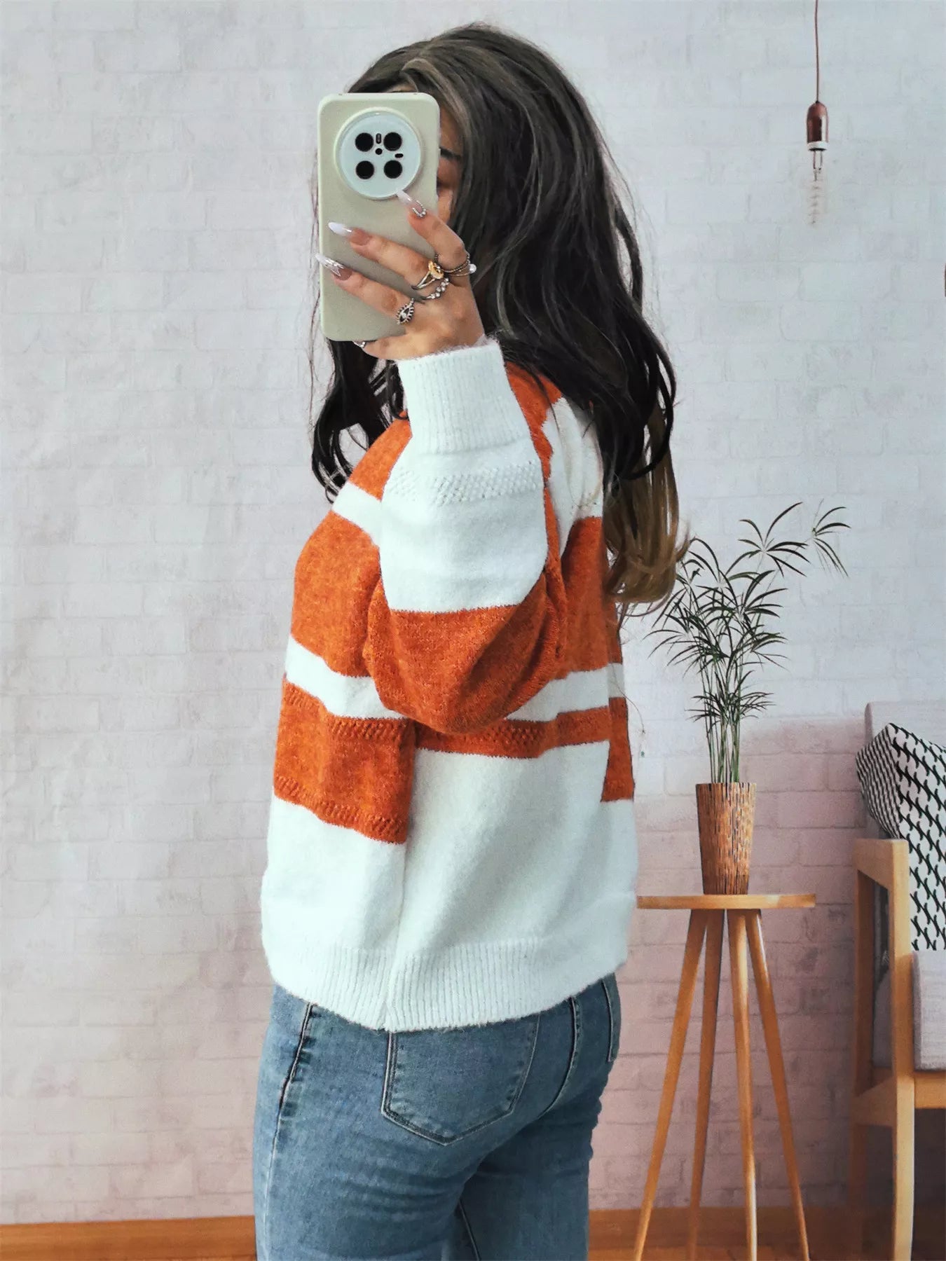 Color Block Round Neck Sweater OutfitFlow