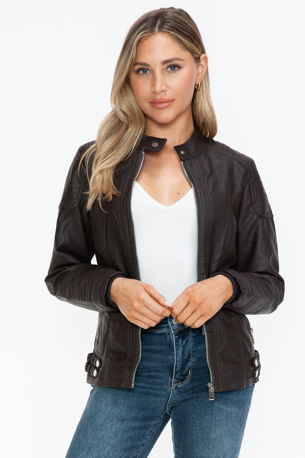 Outfit Flow - Snobbish Faux Leather Biker Jacket with Side Zip Pockets