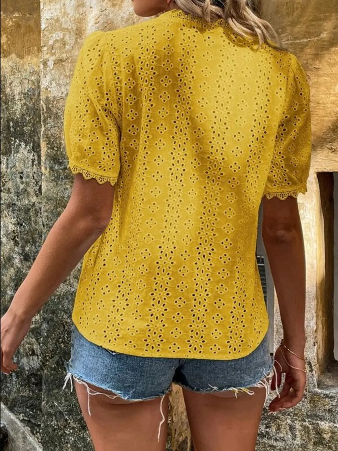 Full Size Lace Detail Eyelet V-Neck Short Sleeve Blouse Plus Size OutfitFlow