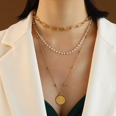 Synthetic Pearl Titanium Steel Three-Layered Necklace OutfitFlow