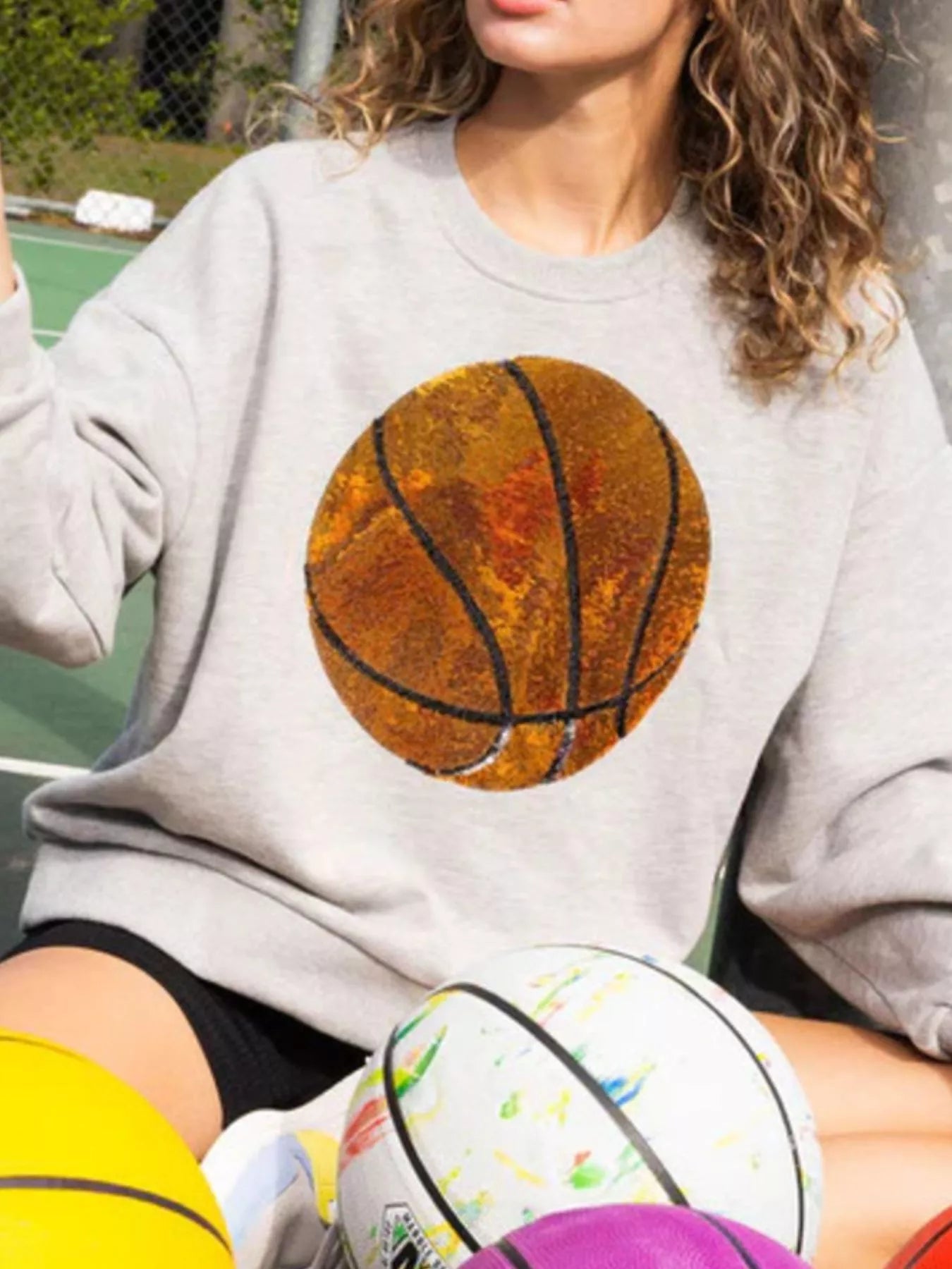 Basketball Round Neck Long Sleeve Sweatshirt OutfitFlow