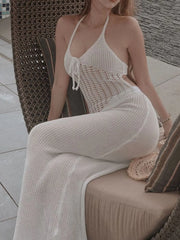 Openwork Halter Neck Sweater Maxi Dress OutfitFlow