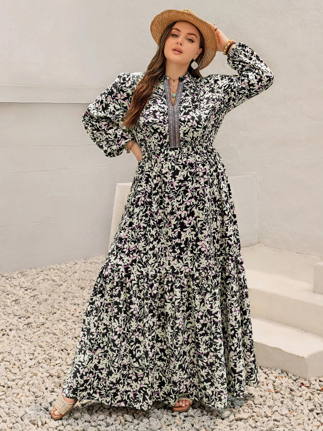 Plus Size Floral Print Long Sleeve Tiered Maxi Dress Trendsi