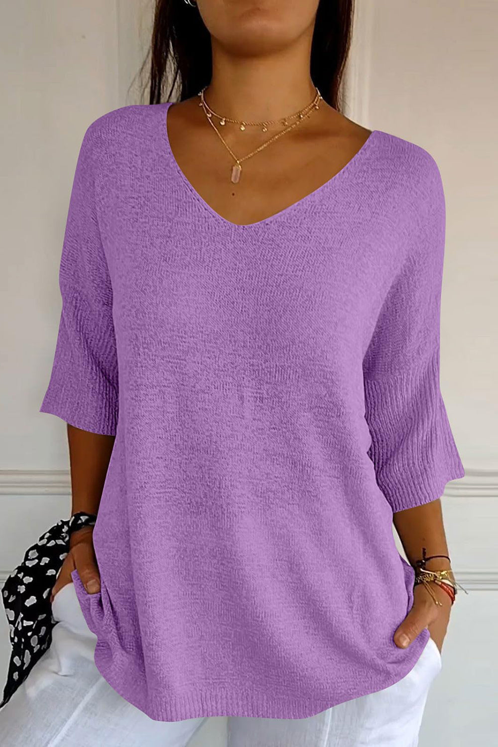 Outfit Flow - V-Neck Three-Quarter Sleeve Knit Top