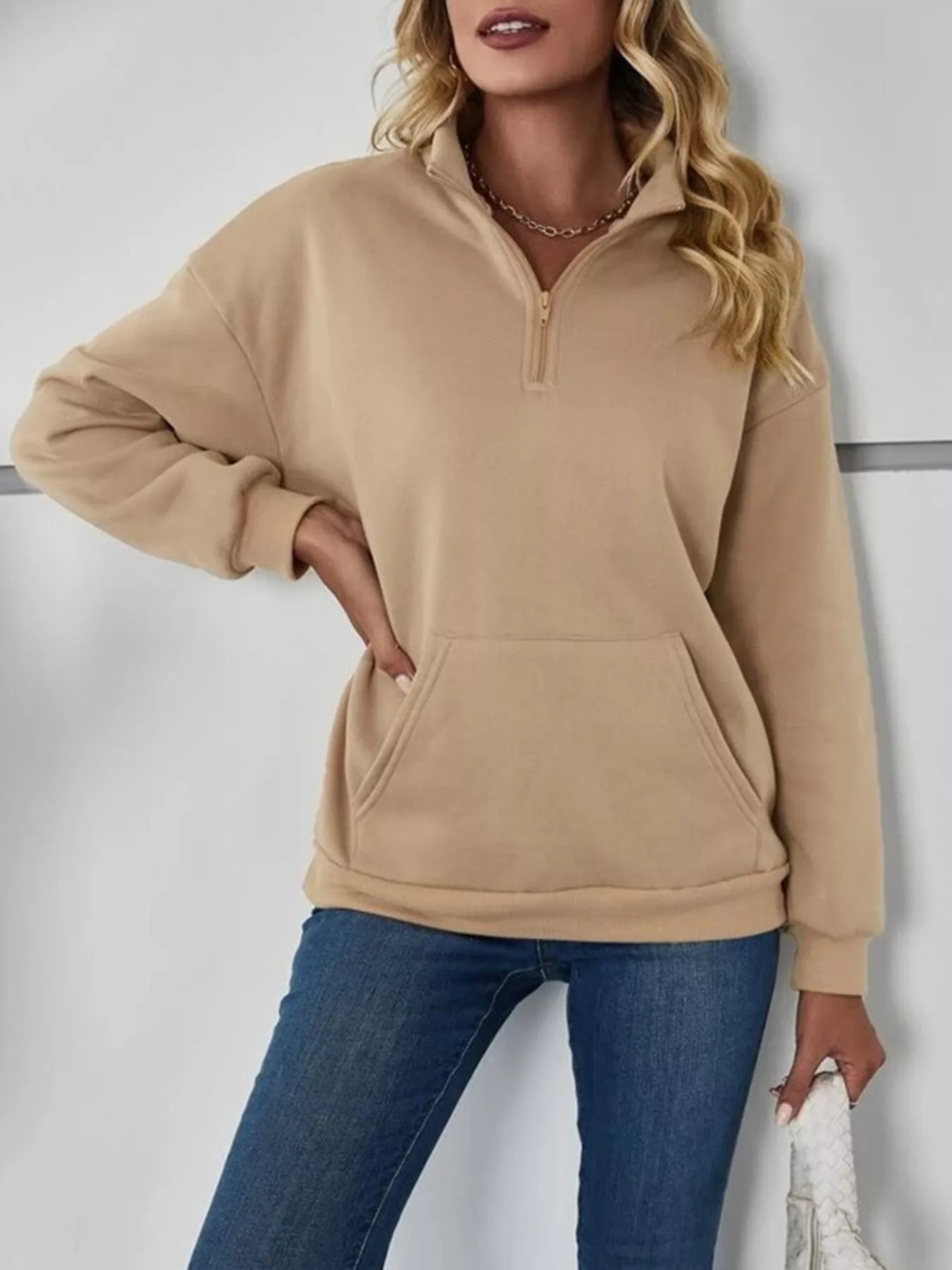 Zip-Up Collar Sweatshirt with Pocket OutfitFlow