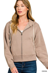 Zenana Fleece Cropped Zip-up Hoodie with Pockets Trendsi