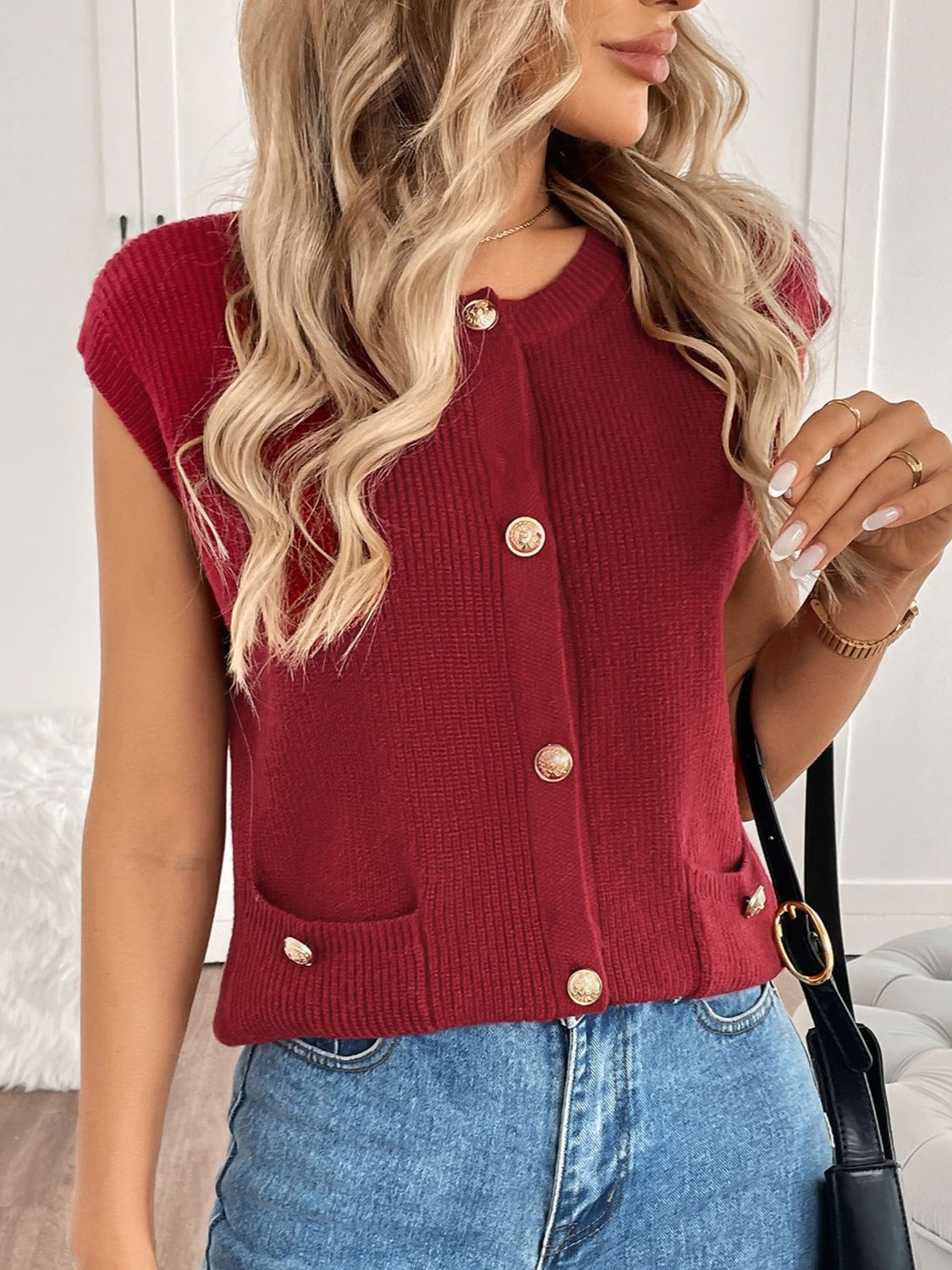 Perfee Pocketed Round Neck Cap Sleeve Cardigan