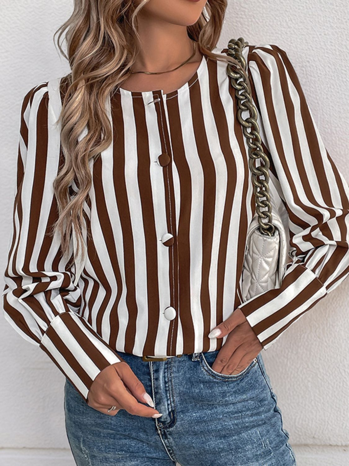 Outfit Flow - Perfee Striped Round Neck Long Sleeve Blouse