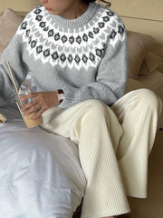 Nordic Fair Isle Pattern Round Neck Sweater OutfitFlow