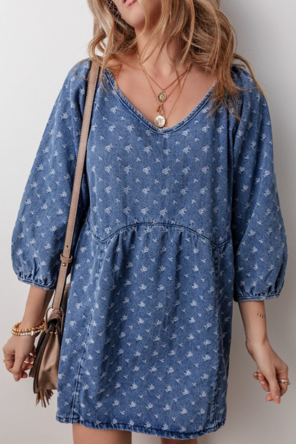 Outfit Flow - Tied V-Neck Three-Quarter Sleeve Denim Dress