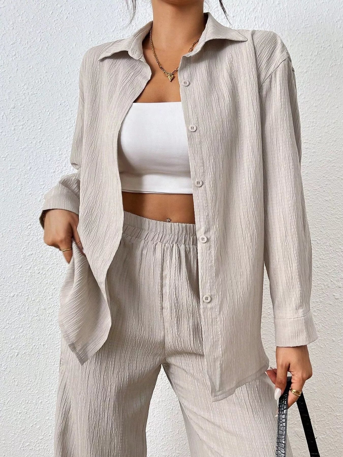 Button Up Long Sleeve Shirt and Pants Set OutfitFlow