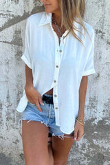 Full Size Casual Button Down Short Sleeve Loose Shirt Plus Size OutfitFlow