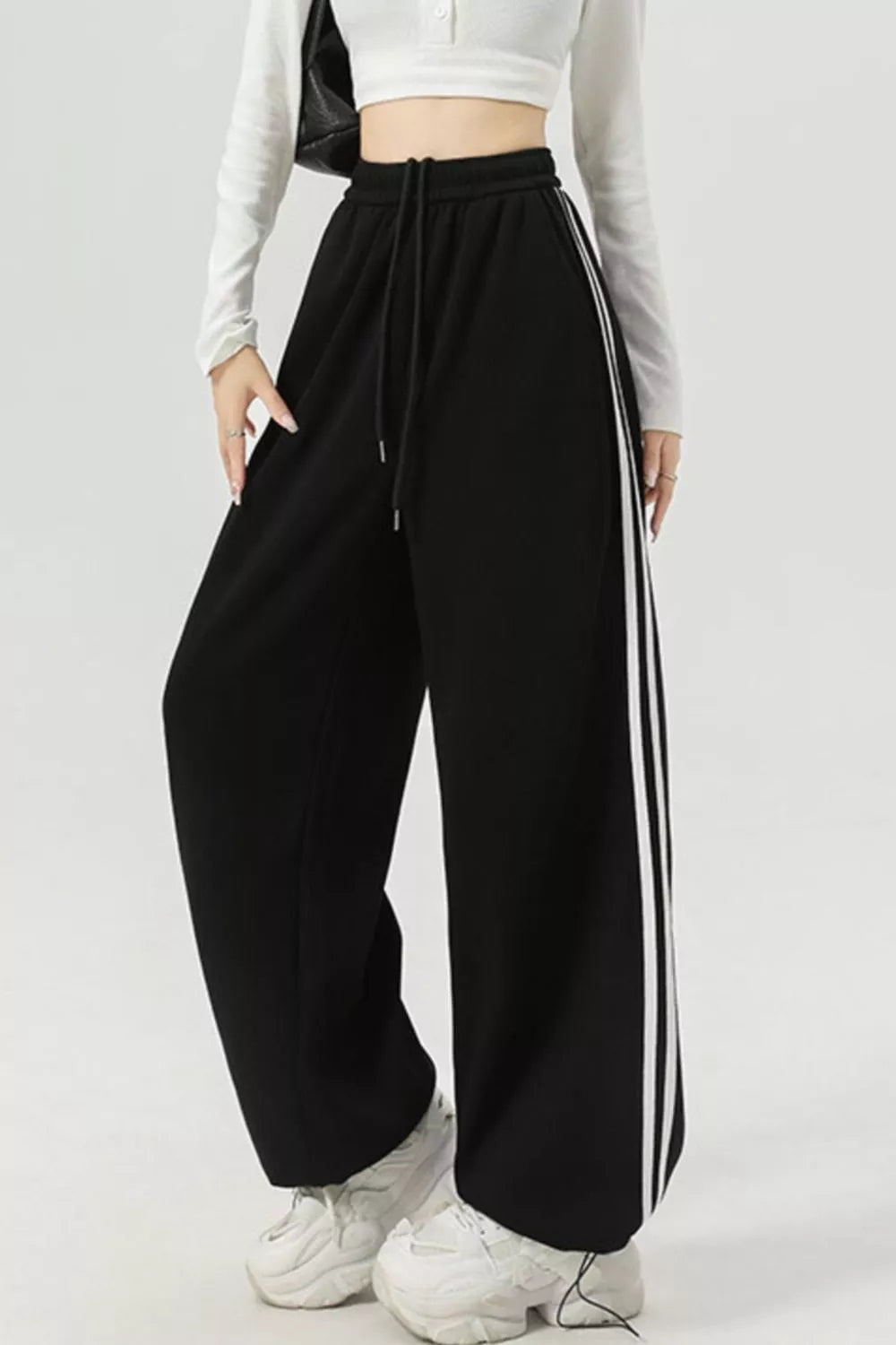 Wide Leg Side Striped Pants Black OutfitFlow