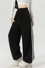 Wide Leg Side Striped Pants Black OutfitFlow