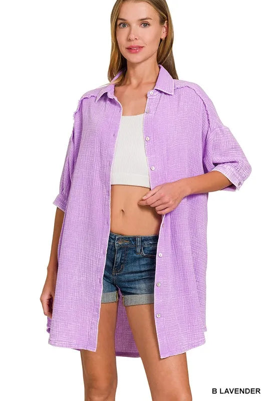 Zenana Washed Double Gauze Button Down Shirt Dress OutfitFlow