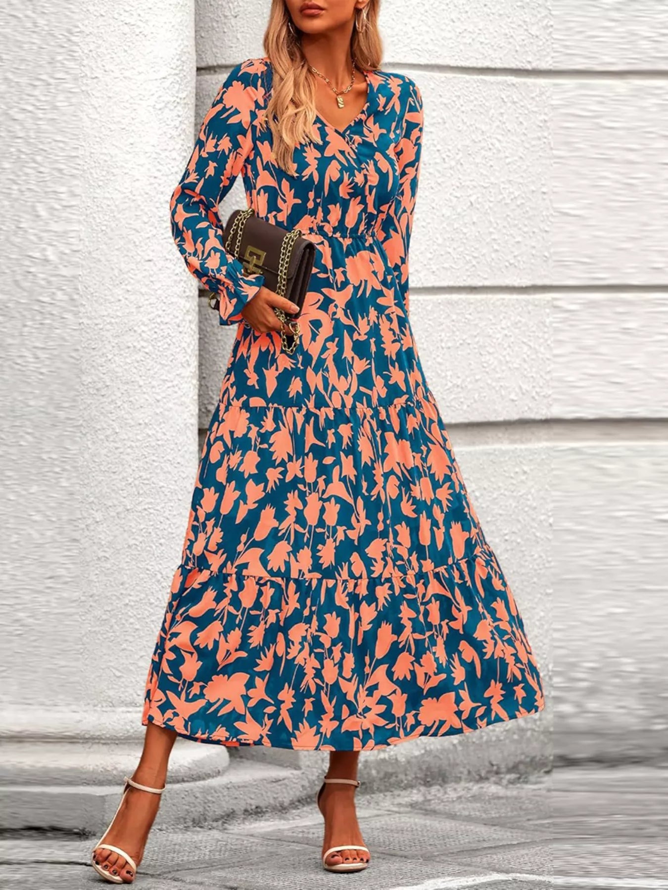 Printed V-Neck Flounce Sleeve Tiered Midi Dress OutfitFlow