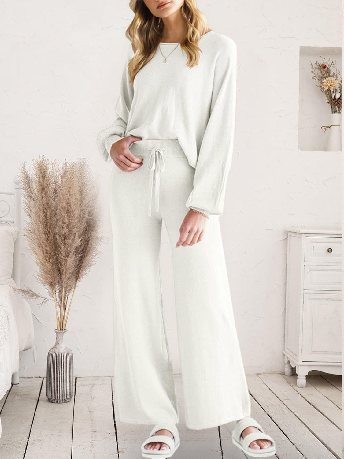 Outfit Flow - Long Sleeve Lounge Top and Drawstring Pants Set