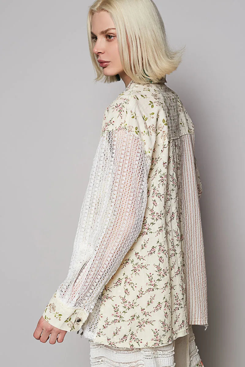POL Lace Patchwork Floral Button-Up Shirt OutfitFlow