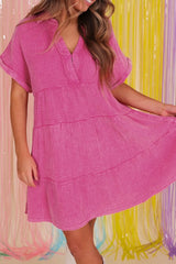 Mineral Wash Crinkle Split Neck Raw Hem Tiered Dress OutfitFlow