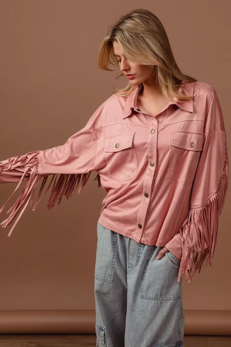 BiBi Suede Fringe Long Sleeve Jacket OutfitFlow