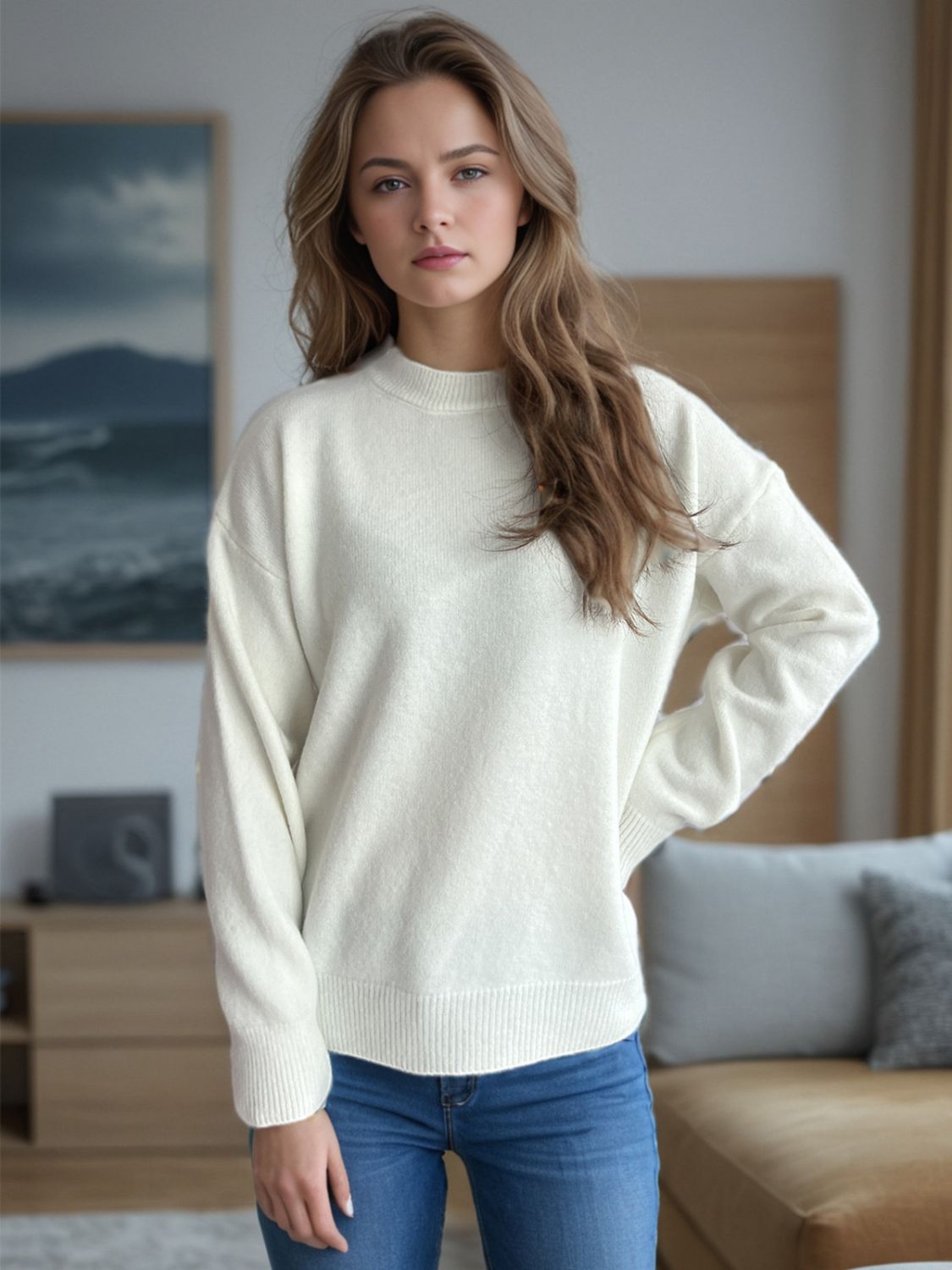 Outfit Flow - Round Neck Drop Shoulder Long Sleeve Sweater