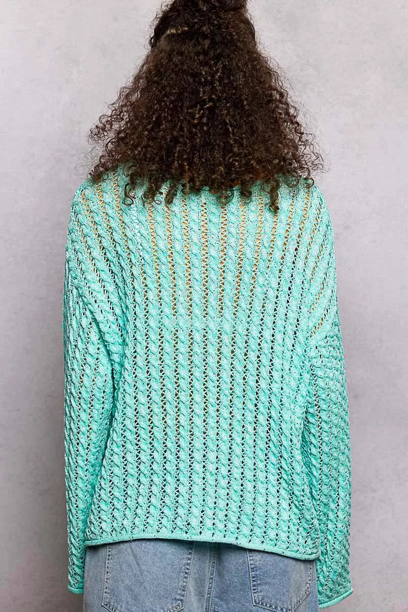 POL Openwork Round Neck Knit Top with Shiny Detail OutfitFlow