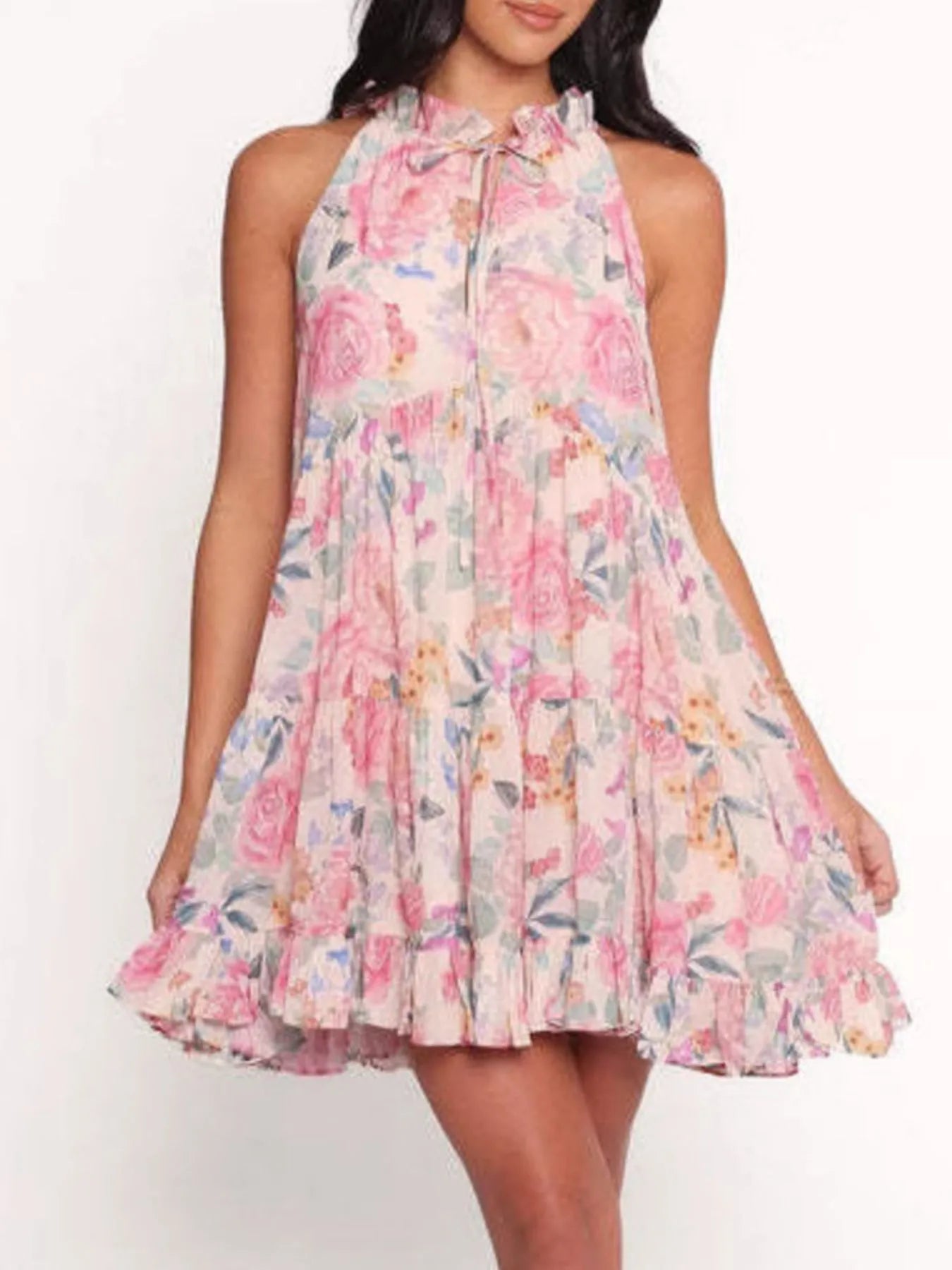 Floral Print Sleeveless Tiered Mini Dress OutfitFlow