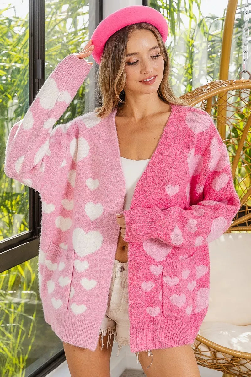 BiBi Heart Color Block V-Beck Knit Cardigan with Pockets OutfitFlow