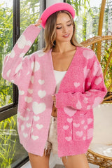 BiBi Heart Color Block V-Beck Knit Cardigan with Pockets OutfitFlow