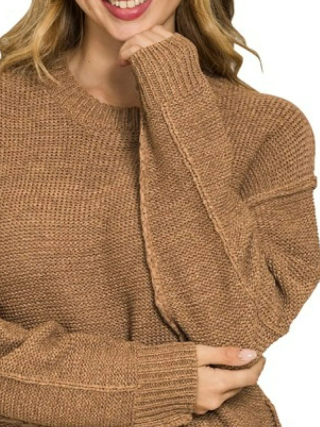 Zenana Exposed Seam Round Neck Sweater OutfitFlow