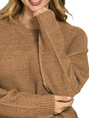 Zenana Exposed Seam Round Neck Sweater OutfitFlow