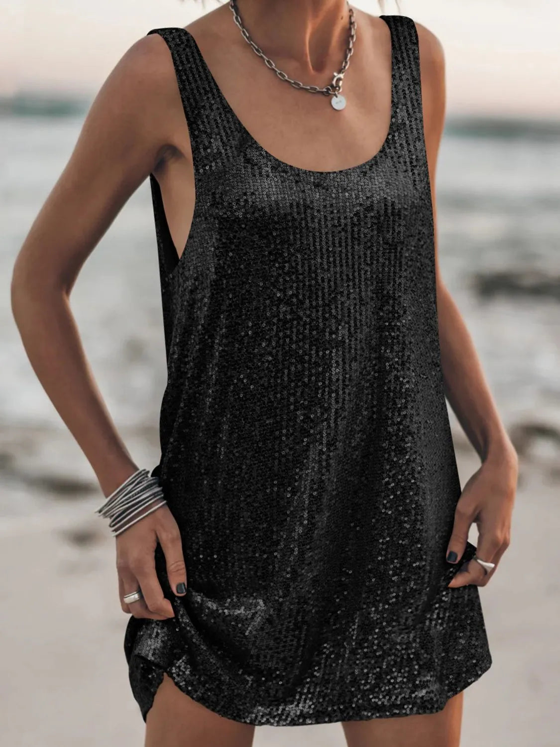 Sequin Scoop Neck Mini Dress Black OutfitFlow