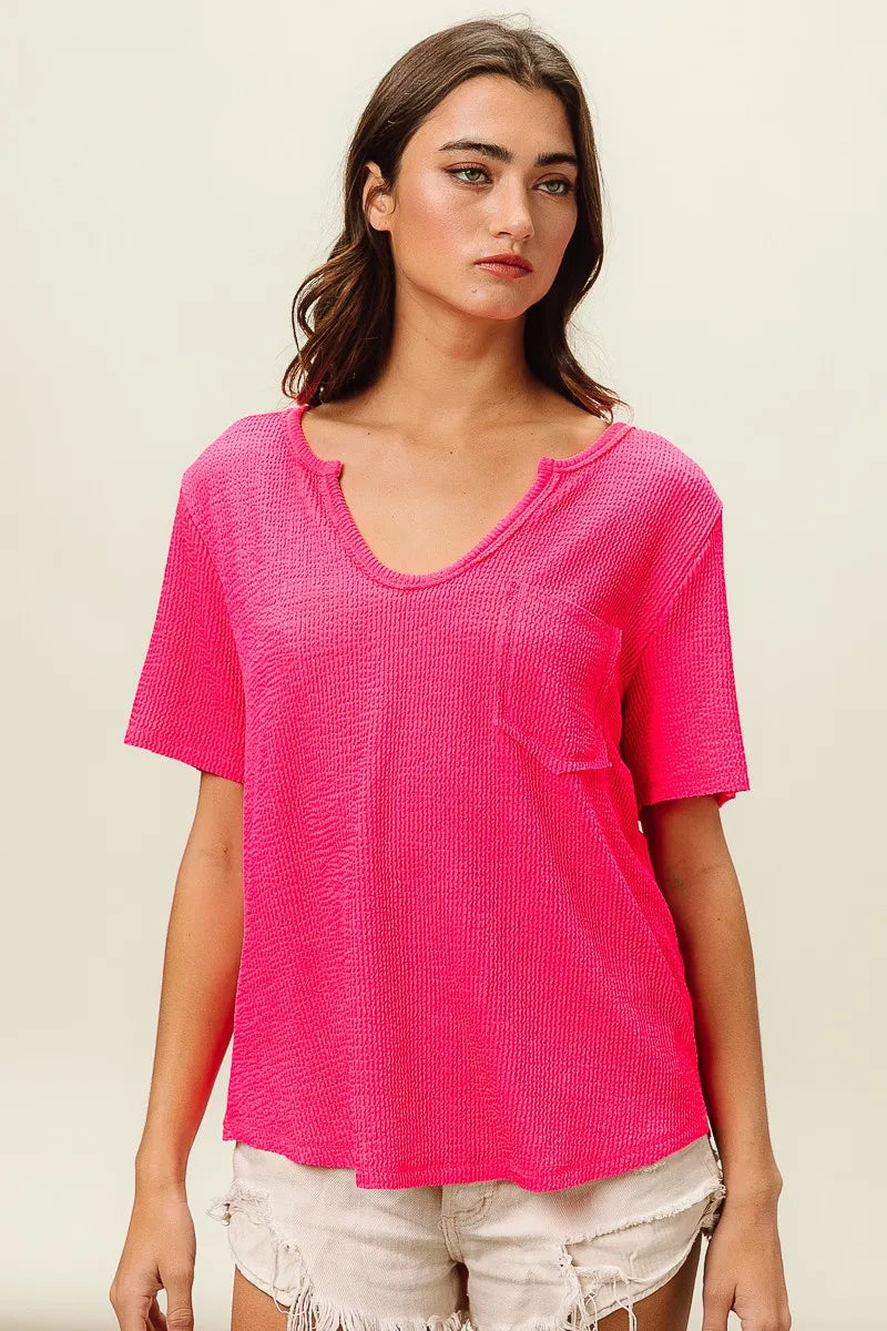BiBi Waved Rib U Neck Top With Front Pocket OutfitFlow