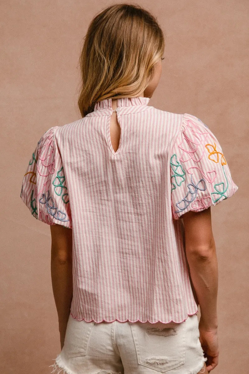BiBi Embroidery Bubble Sleeve Top With Bottom Scallop Detail OutfitFlow