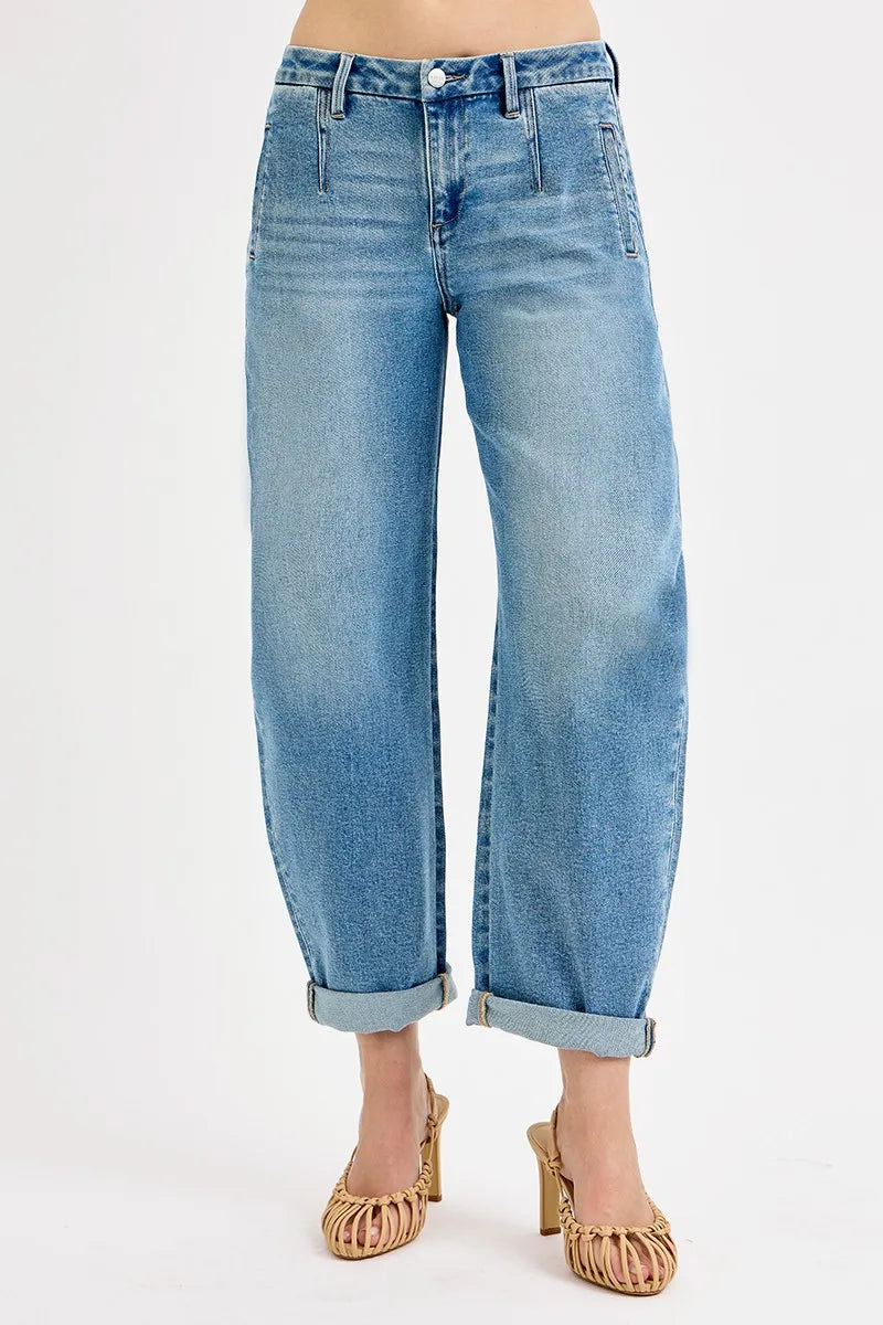 RISEN Full Size Mid Rise Fit Barrel Roll Up Jeans Plus Size OutfitFlow