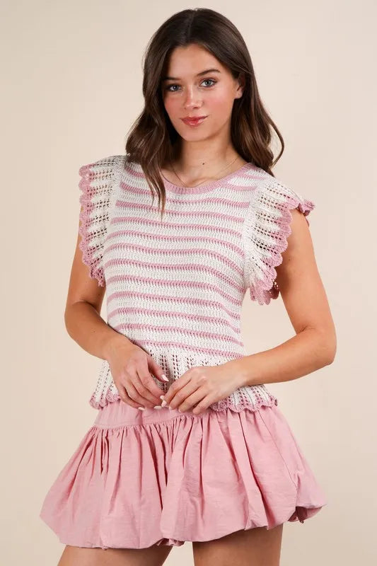VERY J Ruffle Detail Striped Knit Sweater Top OutfitFlow